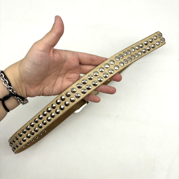 NEW Handmade Beige Ostrich Quill Leather 2 Row Cone Studs Belt Size M 33-37\